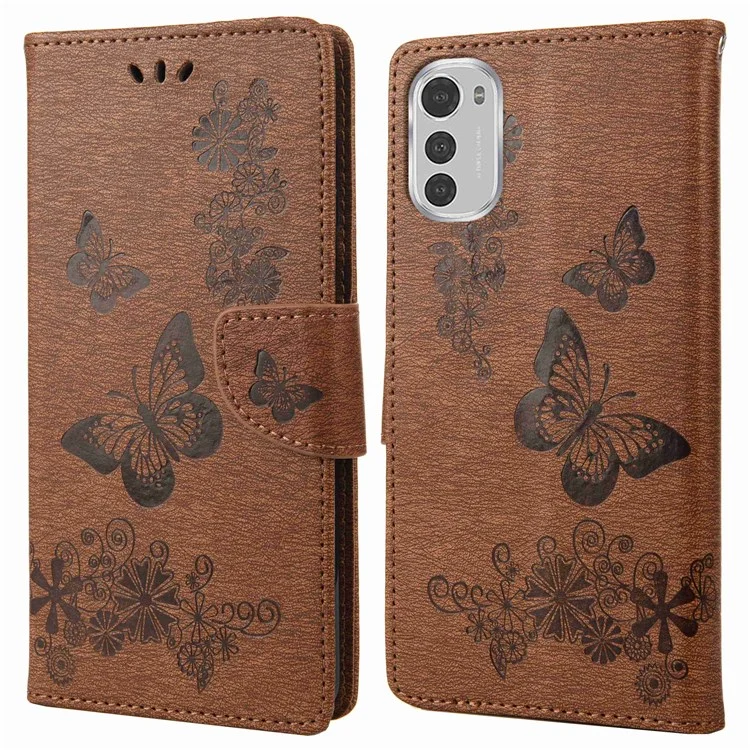 Butterflies Flower Pattern Imprinting Leather Phone Case for Motorola Moto E32, Folio Flip Wallet Stand Phone Shell - Brown