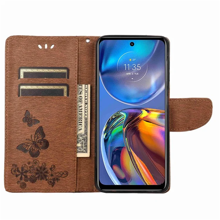 Butterflies Flower Pattern Imprinting Leather Phone Case for Motorola Moto E32, Folio Flip Wallet Stand Phone Shell - Brown