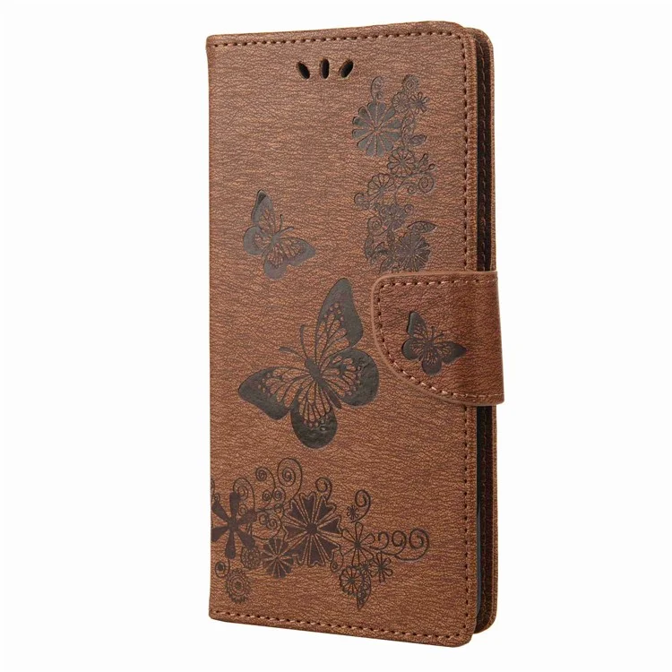 Butterflies Flower Pattern Imprinting Leather Phone Case for Motorola Moto E32, Folio Flip Wallet Stand Phone Shell - Brown