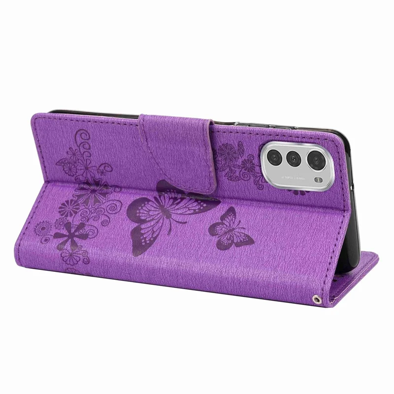Butterflies Flower Pattern Imprinting Leather Phone Case for Motorola Moto E32, Folio Flip Wallet Stand Phone Shell - Purple