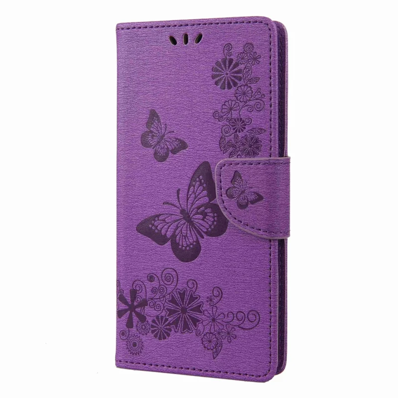 Butterflies Flower Pattern Imprinting Leather Phone Case for Motorola Moto E32, Folio Flip Wallet Stand Phone Shell - Purple