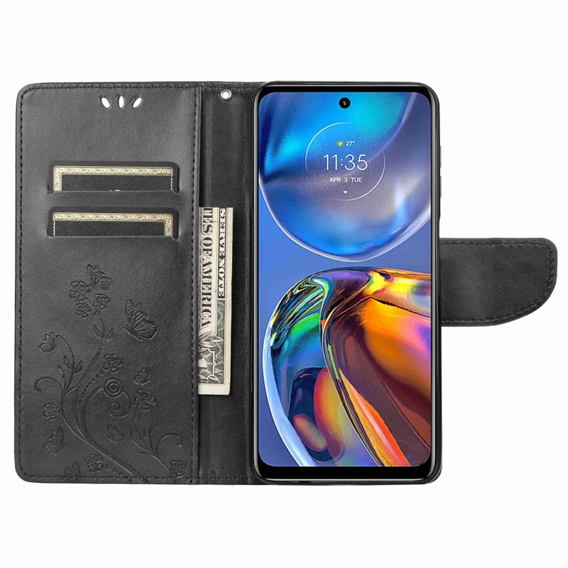 Butterfly Flower Imprinting Wallet Leather Case for Motorola Moto E32, Phone Shell Accessory with Stand - Black