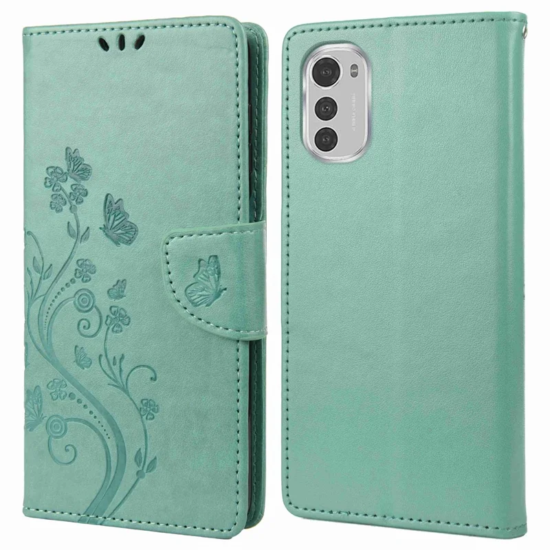 Butterfly Flower Imprinting Wallet Leather Case for Motorola Moto E32, Phone Shell Accessory with Stand - Green