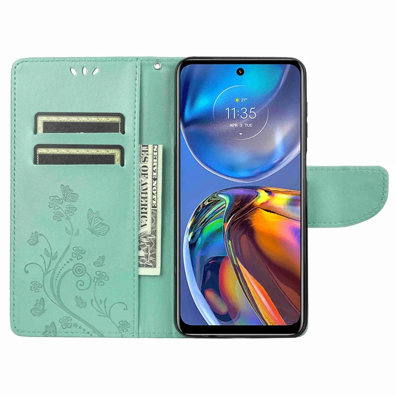 Butterfly Flower Imprinting Wallet Leather Case for Motorola Moto E32, Phone Shell Accessory with Stand - Green