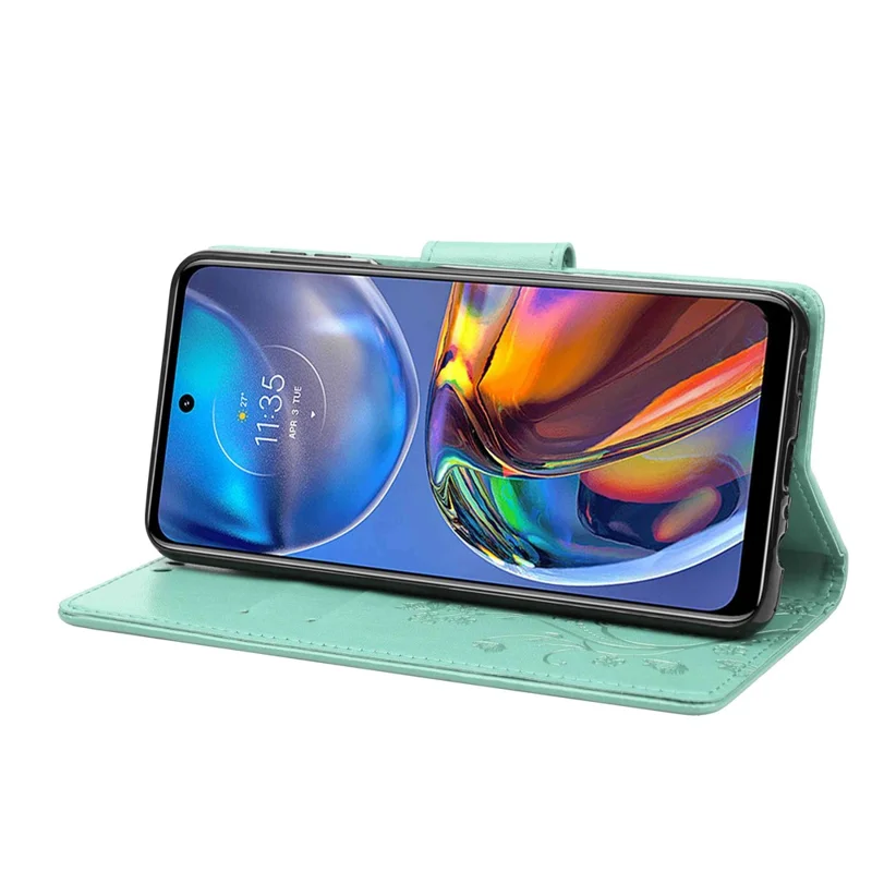 Butterfly Flower Imprinting Wallet Leather Case for Motorola Moto E32, Phone Shell Accessory with Stand - Green