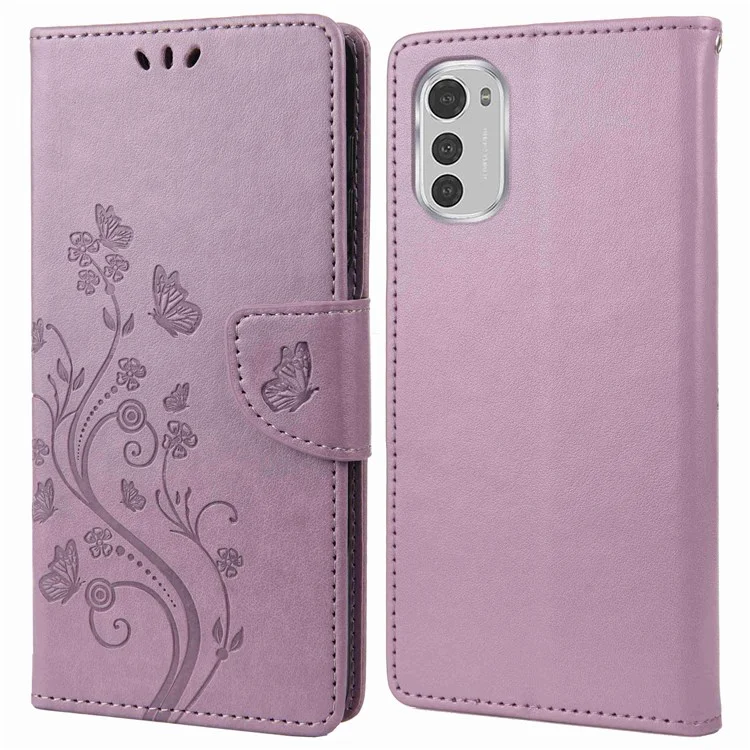 Butterfly Flower Imprinting Wallet Leather Case for Motorola Moto E32, Phone Shell Accessory with Stand - Light Purple