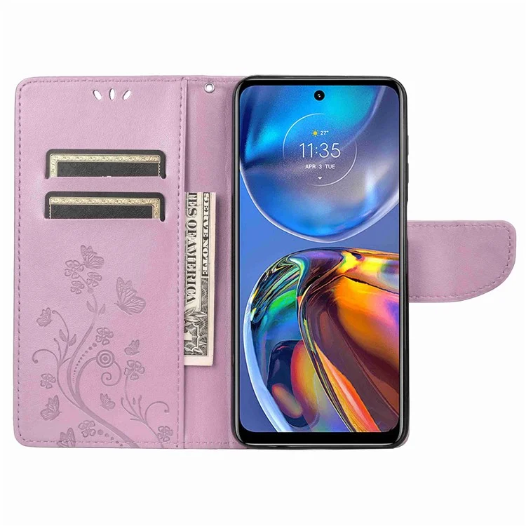 Case de Cuero de Billetera de Impresión de Flores de Mariposa Para Motorola Moto E32, Accesorio de Concha de Teléfono Con Soporte - Púrpura Ligera