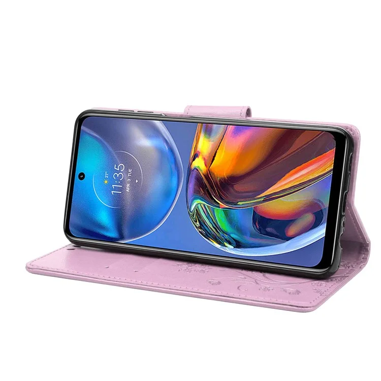 Étui en cuir avec motif de fleurs de papillon pour Motorola Moto E32, accessoire de coque de téléphone avec support - Violet clair