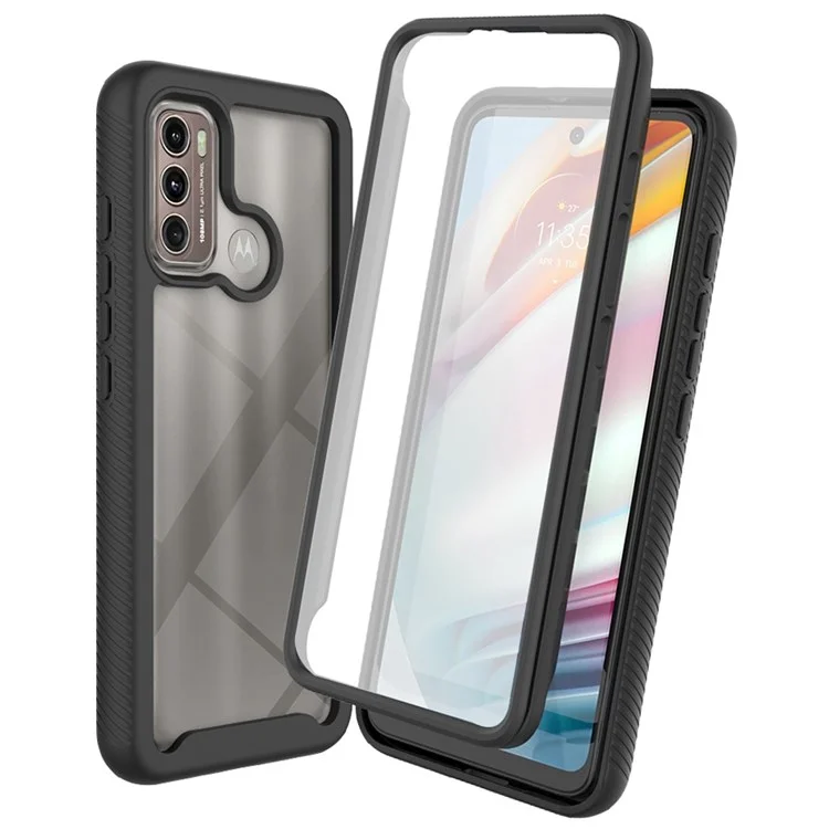 Для Motorola Moto G60 Хорошо Защищенная 3-в-1 Case PC + TPU Hybrid Mobile Phore Shell с Защитником Экрана PET с Защитником Экрана Домашних Животных - Черный