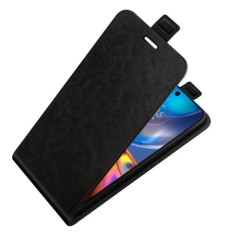 Pour Motorola Moto E32 4G Vertical Flip Folio Téléphone Crazy Horse Texture Pu Leather Magnetic Closure Shell Avec Support De Carte - Le Noir