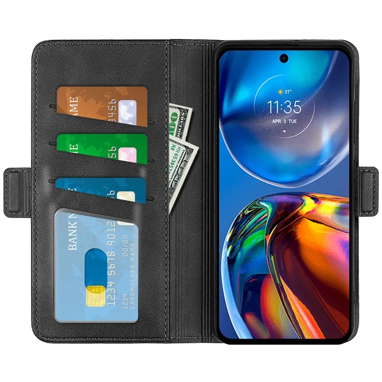 Для Motorola Moto E32 4G Текстурированная Кожаная Стенда PU Case Dual Magnetic Clasps Flip Shockpereper Copect - Черный