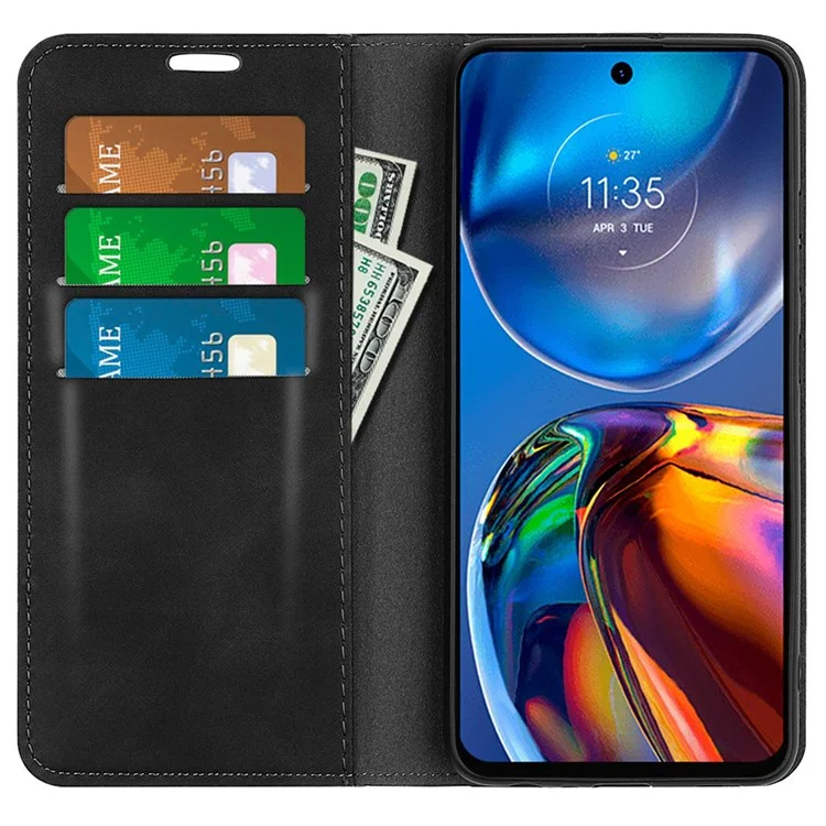Für Motorola Moto E32 4G PU-Leder-Flip-Wallet-Telefonhülle mit Ständer, versteckter magnetischer Absorption, Touch-Feeling und Faltfunktion - Schwarz