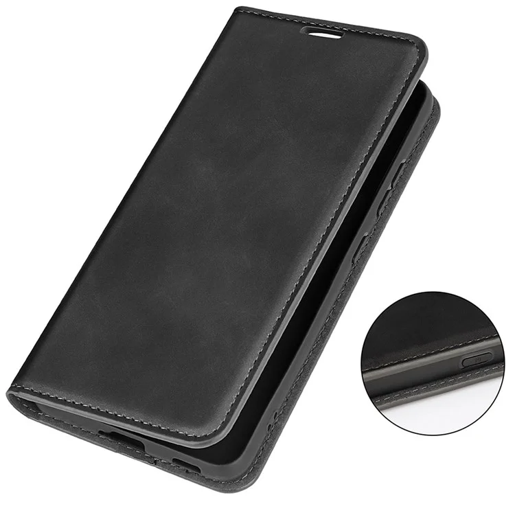 Für Motorola Moto E32 4G PU-Leder-Flip-Wallet-Telefonhülle mit Ständer, versteckter magnetischer Absorption, Touch-Feeling und Faltfunktion - Schwarz