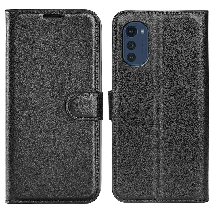 Folio Flip Litchi Skin Leather Case for Motorola Moto E32 4G, Adjustable Folding Stand Design Wallet Phone Cover Accessory - Black