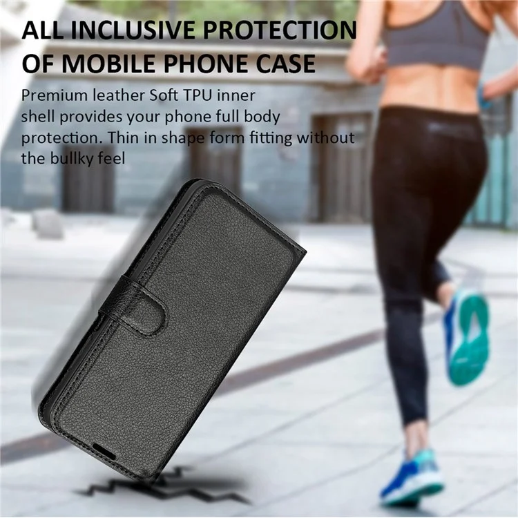 Funda de Piel de Litchi Folio Flip para Motorola Moto E32 4G, Diseño de Soporte Plegable Ajustable Cubierta de Teléfono Cartera Accesorio - Negro