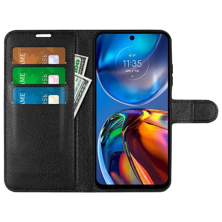 Funda de Piel de Litchi Folio Flip para Motorola Moto E32 4G, Diseño de Soporte Plegable Ajustable Cubierta de Teléfono Cartera Accesorio - Negro