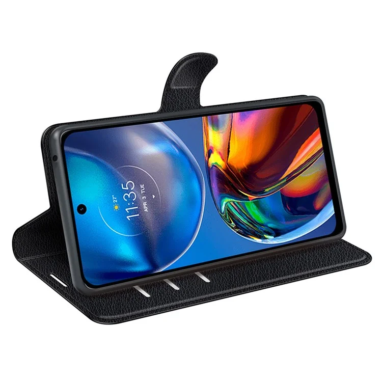 Funda de Piel de Litchi Folio Flip para Motorola Moto E32 4G, Diseño de Soporte Plegable Ajustable Cubierta de Teléfono Cartera Accesorio - Negro