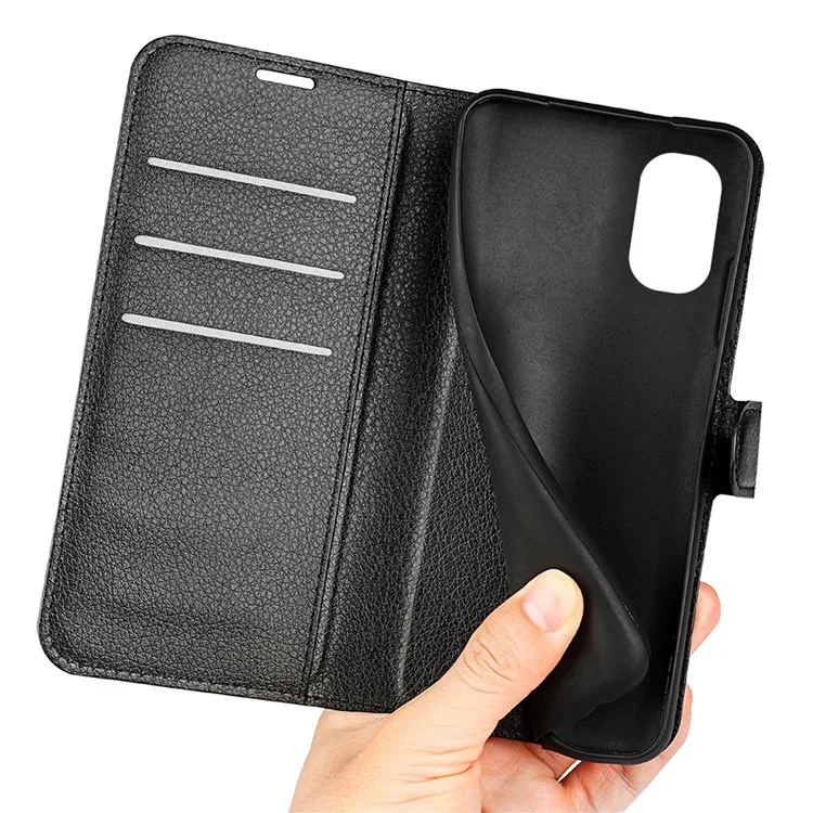 Folio Flip Litchi Skin Leather Case for Motorola Moto E32 4G, Adjustable Folding Stand Design Wallet Phone Cover Accessory - Black