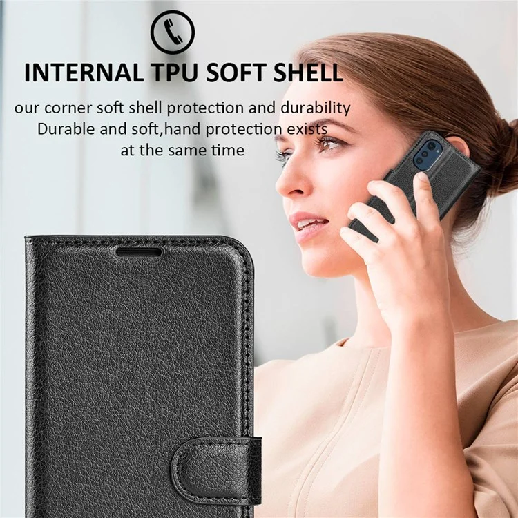 Folio Flip Litchi Skin en Cuir en Cuir Pour Motorola Moto E32 4G, Portefeuille de Support de Pliage Réglable Portefeuille Accessoire de Téléphone - le Noir