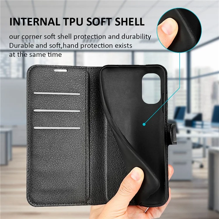 Funda de Piel de Litchi Folio Flip para Motorola Moto E32 4G, Diseño de Soporte Plegable Ajustable Cubierta de Teléfono Cartera Accesorio - Negro