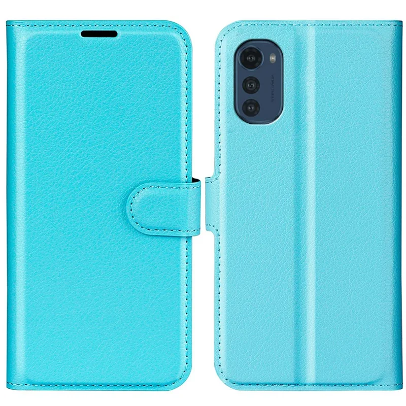 Folio Flip Litchi Skin Leather Case for Motorola Moto E32 4G, Adjustable Folding Stand Design Wallet Phone Cover Accessory - Blue