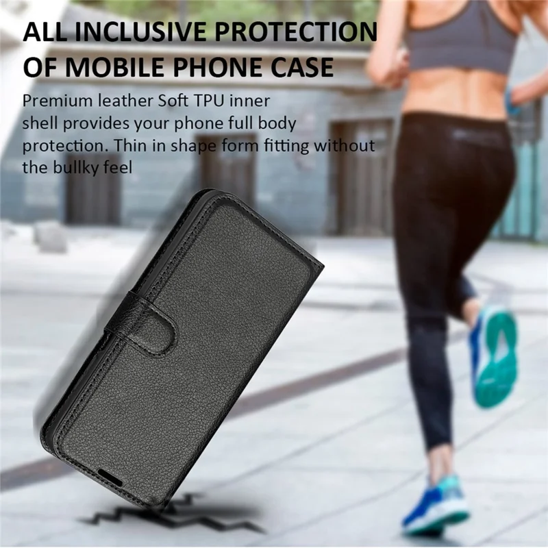 Folio Flip Litchi Skin Leather Case for Motorola Moto E32 4G, Adjustable Folding Stand Design Wallet Phone Cover Accessory - Blue
