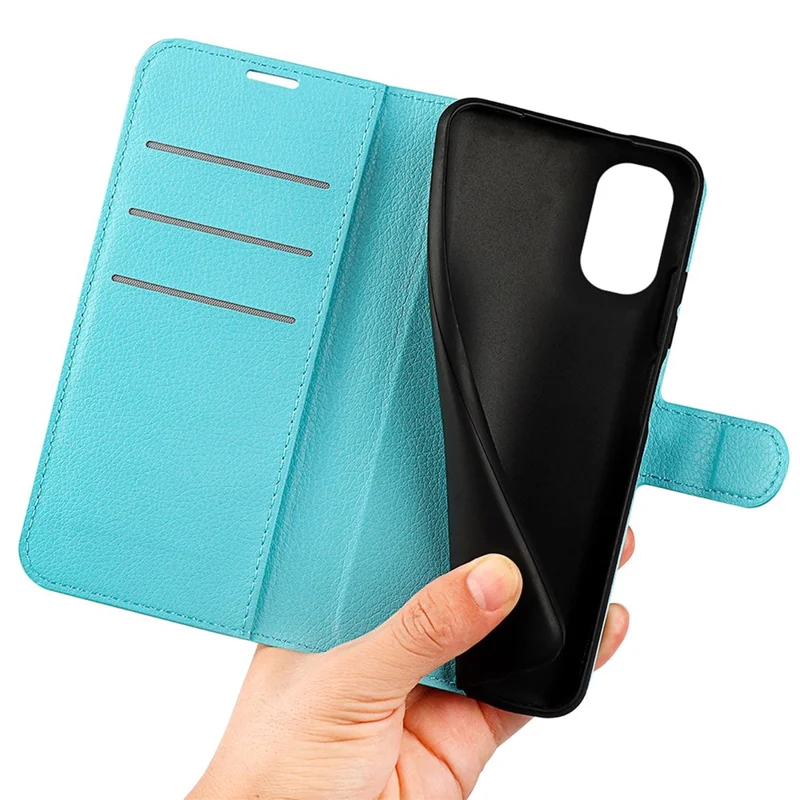 Folio Flip Litchi Skin Leather Case for Motorola Moto E32 4G, Adjustable Folding Stand Design Wallet Phone Cover Accessory - Blue