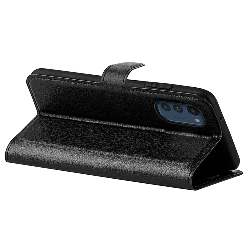 Folio Flip Litchi Skin Leather Case for Motorola Moto E32 4G, Adjustable Folding Stand Design Wallet Phone Cover Accessory - Blue