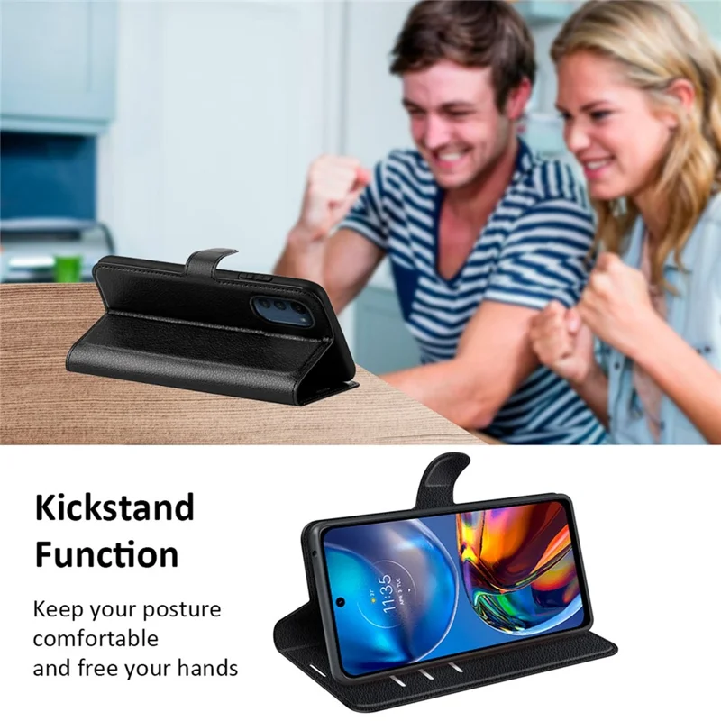 Folio Flip Litchi Skin Leather Case for Motorola Moto E32 4G, Adjustable Folding Stand Design Wallet Phone Cover Accessory - Blue