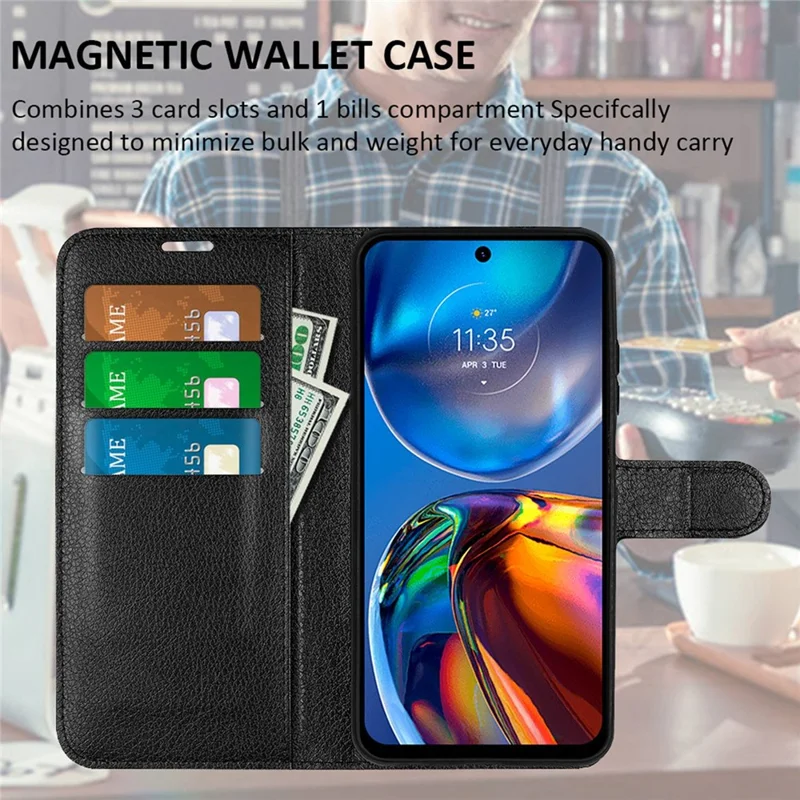 Folio Flip Litchi Skin Leather Case for Motorola Moto E32 4G, Adjustable Folding Stand Design Wallet Phone Cover Accessory - Blue
