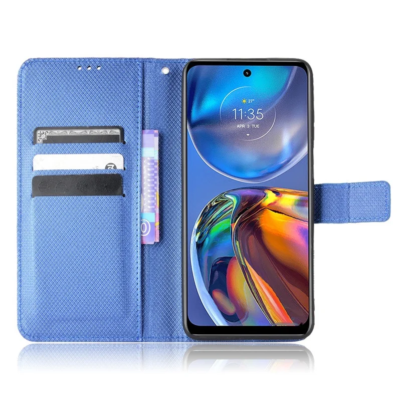 Folia ochronna do Motorola Moto E32 4G/Moto E32s 4G z funkcją stojaka, folia z sztucznej skóry PU z diamentowym wzorem, dobrze chroniący etui portfelik - niebieski