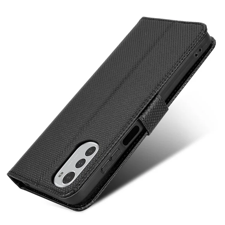 Pour Motorola Moto E32 4G/Moto E32s 4G Protecteur de téléphone Texture de diamant Support Étui en cuir PU Bien protégé avec portefeuille - Noir