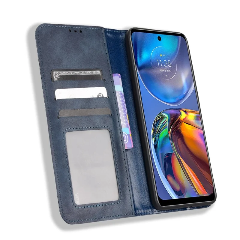 For Motorola Moto E32 4G/Moto E32s 4G Auto Closing Magnetic Anti-fall Mosaic Imprinted Phone Case Retro Texture PU Leather+TPU Wallet Stand Shell - Blue