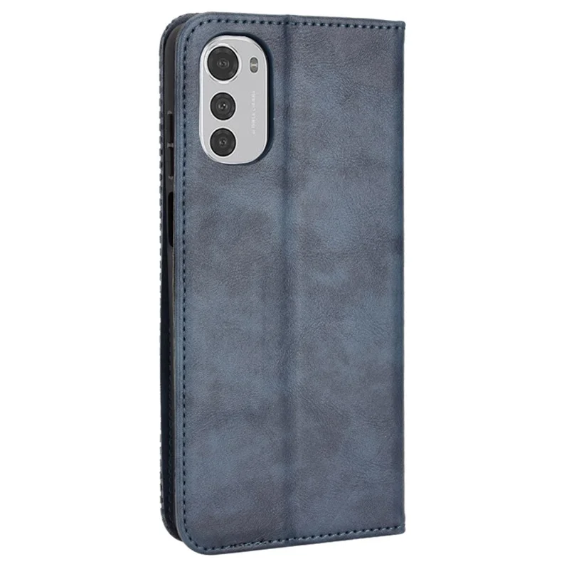 For Motorola Moto E32 4G/Moto E32s 4G Auto Closing Magnetic Anti-fall Mosaic Imprinted Phone Case Retro Texture PU Leather+TPU Wallet Stand Shell - Blue