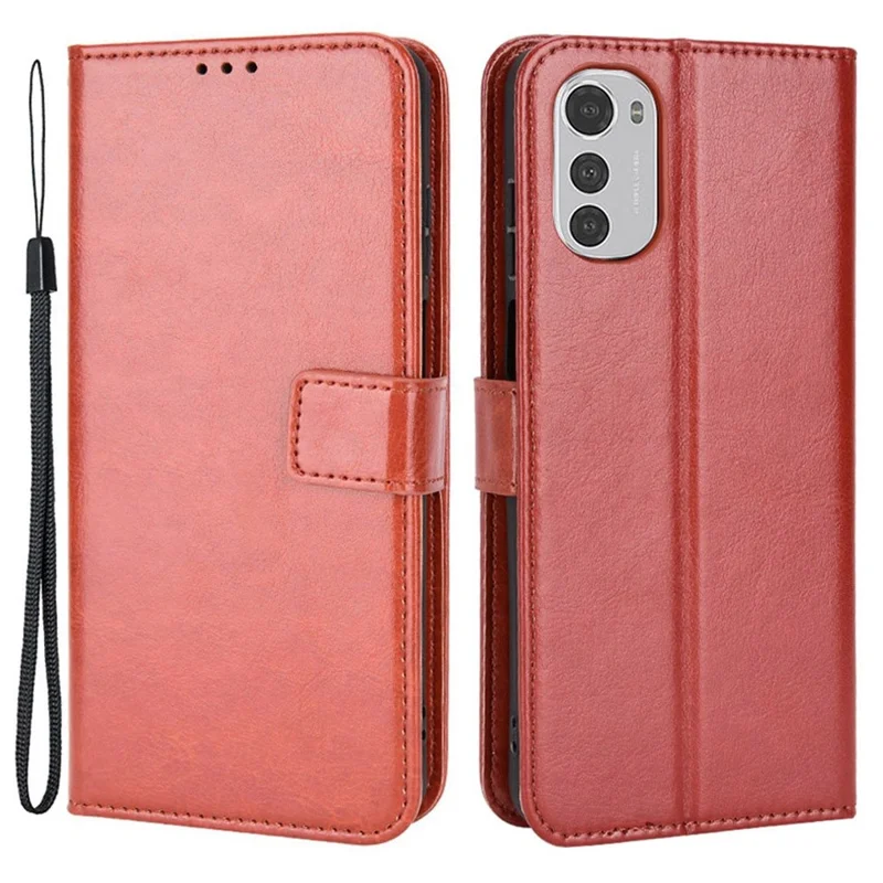 For Motorola Moto E32 4G/Moto E32s 4G Phone Case Crazy Horse Texture PU Leather Scratch-resistant Anti-fall Magnetic Stand Phone Shell with Strap - Brown