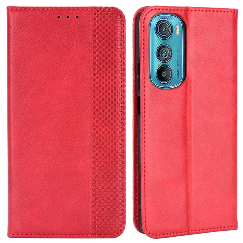 Retro Surface Auto-Absorbed Leather Phone Cover for Motorola Edge 30, Folio Flip Wallet Folding Stand Case Phone Accessory - Red