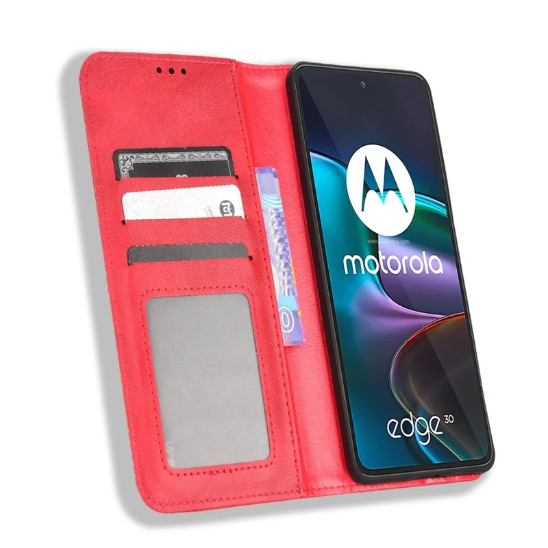 Retro Surface Auto-Absorbed Leather Phone Cover for Motorola Edge 30, Folio Flip Wallet Folding Stand Case Phone Accessory - Red