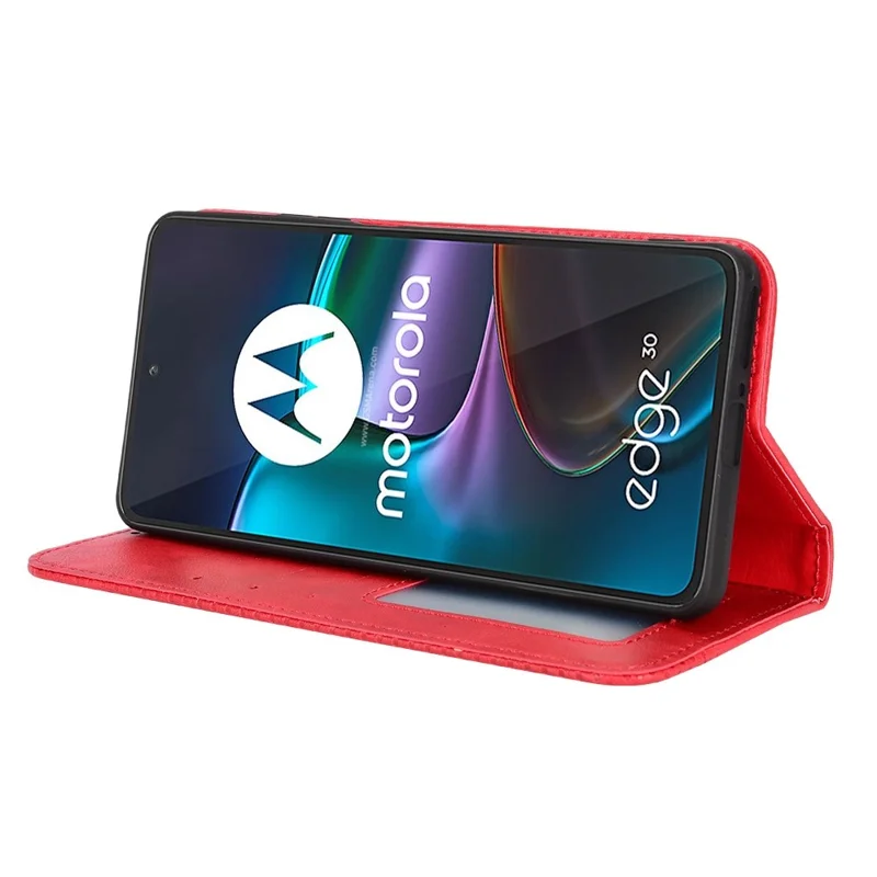 Retro Surface Auto-Absorbed Leather Phone Cover for Motorola Edge 30, Folio Flip Wallet Folding Stand Case Phone Accessory - Red
