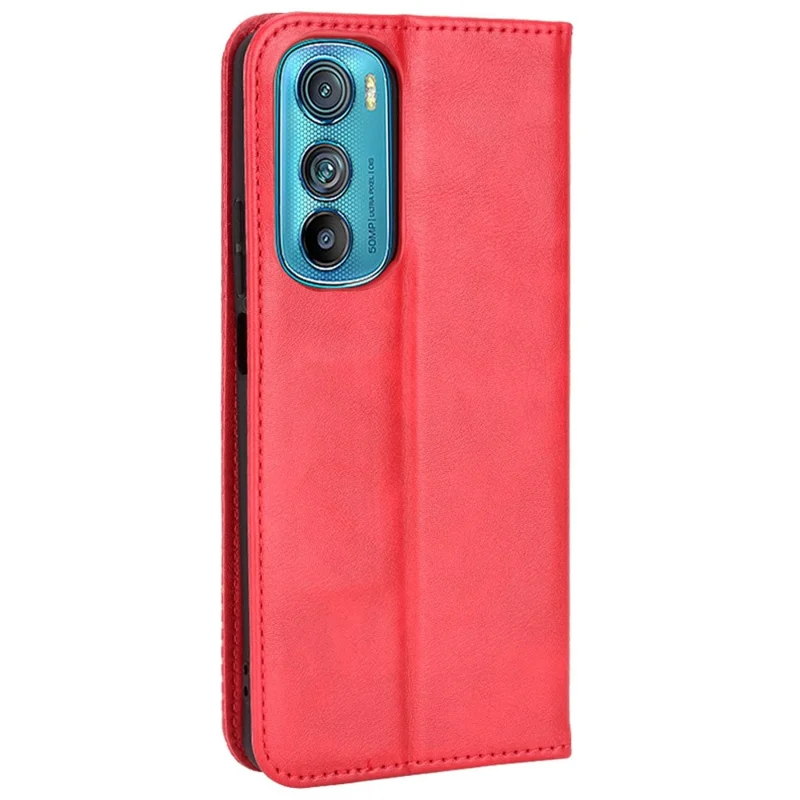 Retro Surface Auto-Absorbed Leather Phone Cover for Motorola Edge 30, Folio Flip Wallet Folding Stand Case Phone Accessory - Red