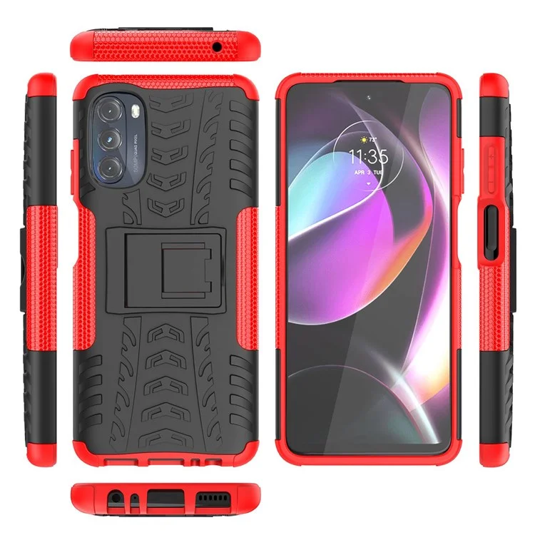 Cool Tyre Surface 2-in-1 Hybrid Phone Case for Motorola Moto G (2022) 5G, PC + TPU Mobile Phone with Kickstand - Red