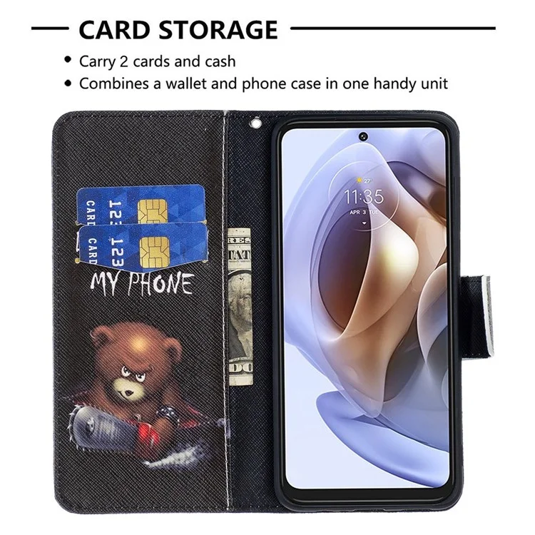 Para Motorola Moto E32 4G BF Pattern Printing Leather Series-1 Magnetic Clasp Phone Case Foldable Stand PU Leather Wallet Flip Cover - Bear