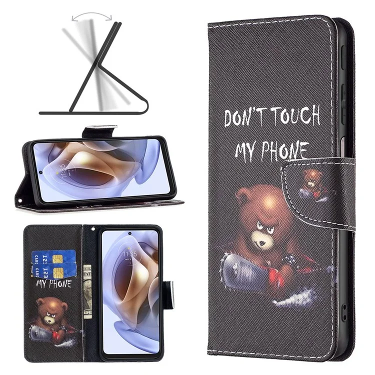 Para Motorola Moto E32 4G BF Pattern Printing Leather Series-1 Magnetic Clasp Phone Case Foldable Stand PU Leather Wallet Flip Cover - Bear