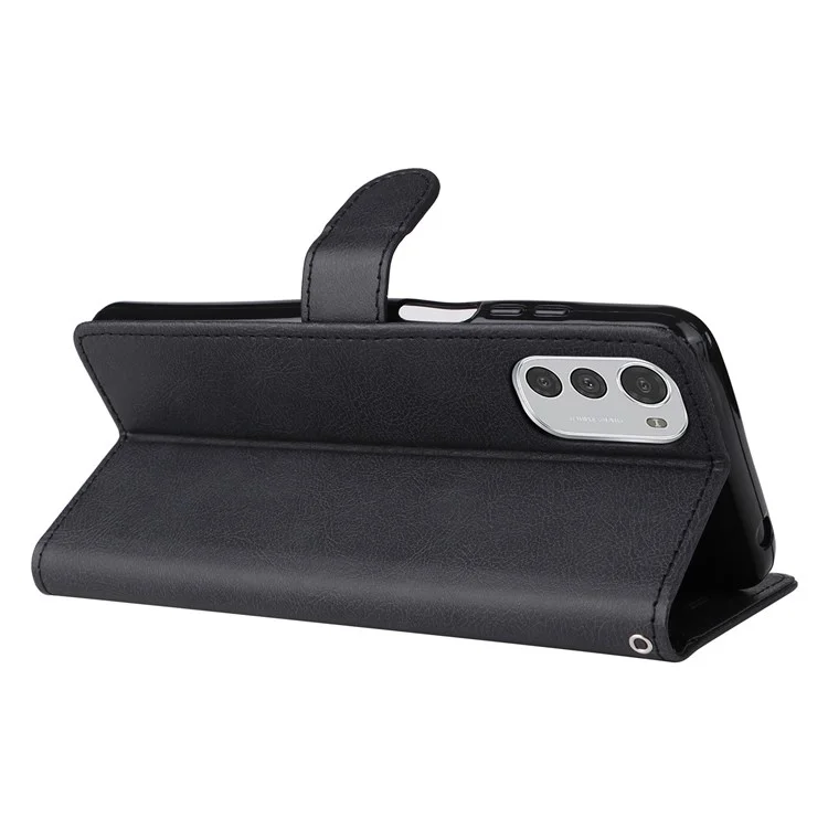 KT Leder Serie-2 Für Motorola Moto E32 Feste Farbe PU Leder Magnetisch Verschluss Handtasche Ständer Brieftasche Stoßdicht TPU Flip Cover Mit Handgelenkriemen - Schwarz