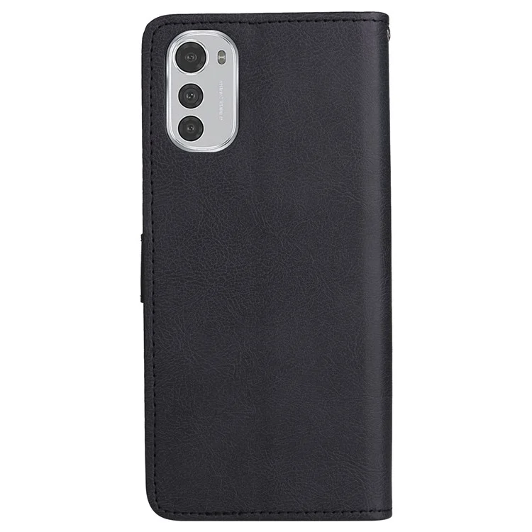 KT Leder Serie-2 Für Motorola Moto E32 Feste Farbe PU Leder Magnetisch Verschluss Handtasche Ständer Brieftasche Stoßdicht TPU Flip Cover Mit Handgelenkriemen - Schwarz