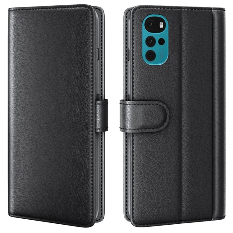 Para Motorola Moto G22 4G Genuine Split Leather+TPU Caso Protector Folio Flip Style Standing Cover Fuberna de Teléfonos Móviles - Negro