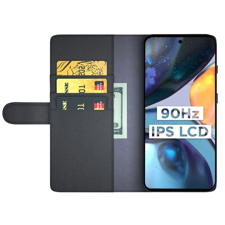 Para Motorola Moto G22 4G Genuine Split Leather+TPU Caso Protector Folio Flip Style Standing Cover Fuberna de Teléfonos Móviles - Negro