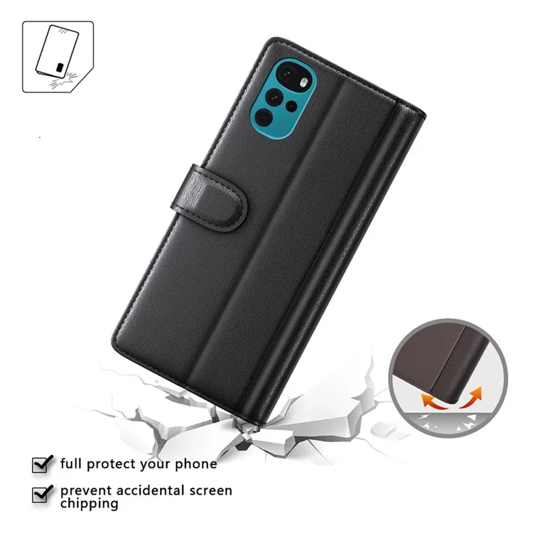 Para Motorola Moto G22 4G Genuine Split Leather+TPU Caso Protector Folio Flip Style Standing Cover Fuberna de Teléfonos Móviles - Negro