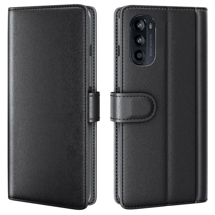 For Motorola Moto G52 4G / G82 5G Case Genuine Split Leather Phone Cover with Wallet Stand - Black