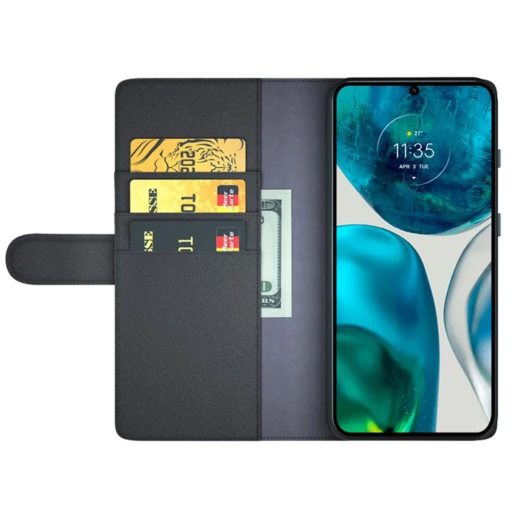 For Motorola Moto G52 4G / G82 5G Case Genuine Split Leather Phone Cover with Wallet Stand - Black