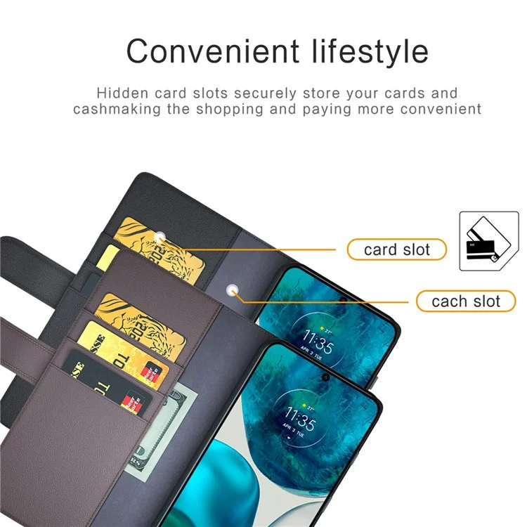 For Motorola Moto G52 4G / G82 5G Case Genuine Split Leather Phone Cover with Wallet Stand - Black